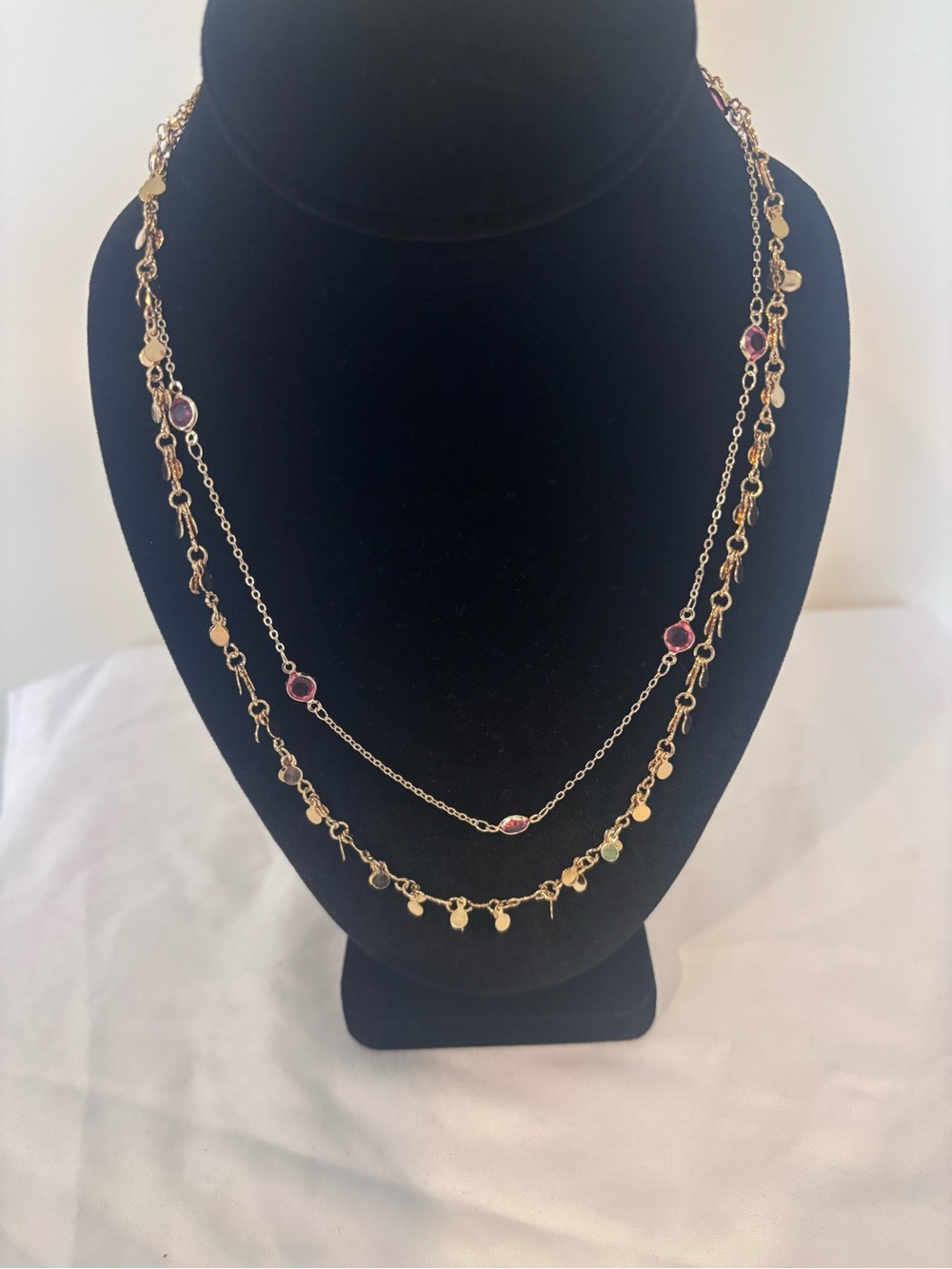 Gold Tone Layered Pink Crystal Charm Necklace – 2 Available